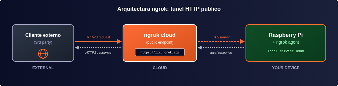 ngrok architecture: an external client makes an HTTPS request to a public ngrok URL, which is relayed through a TLS tunnel to the local service running on the Raspberry Pi.